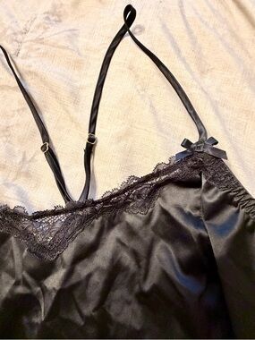 Cacique Black Satin Slip Teddy - Lace Trim and Sides - NWOT